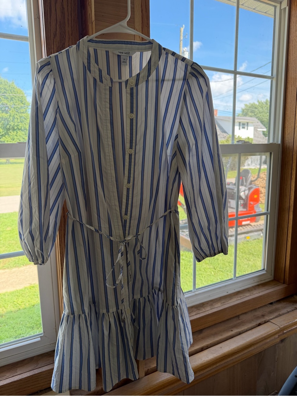 Nine West Blue and White Striped Midi Dress with Tie Waist